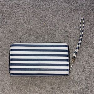 Blue and white striped zip around clutch wallet